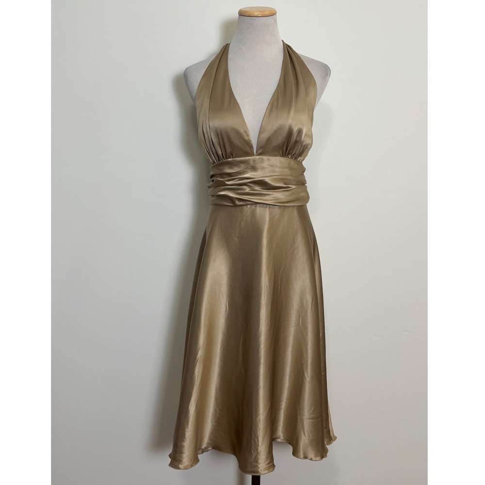 Mixit Silk Halter Midi Dress Size 16 Gold Hollywood Glam Elegant Retro Cocktail